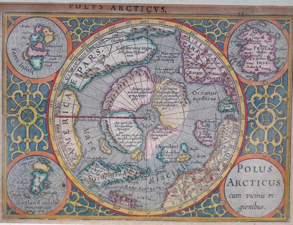 Mercator Hondius, map, Polus Arcticus cum vicinis regionibus, maple frame, 14 x 19cm. Condition - good